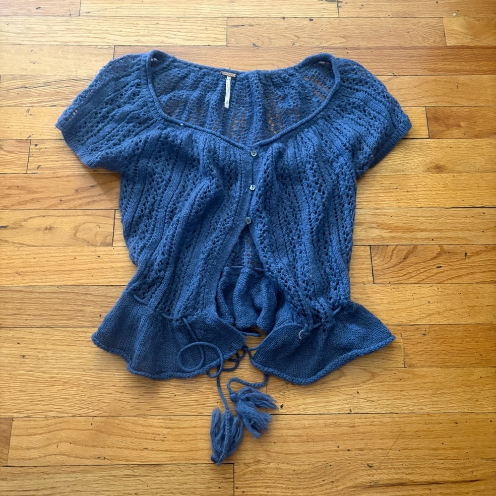 Free People Dusty Blue Knit Blouse Size Large